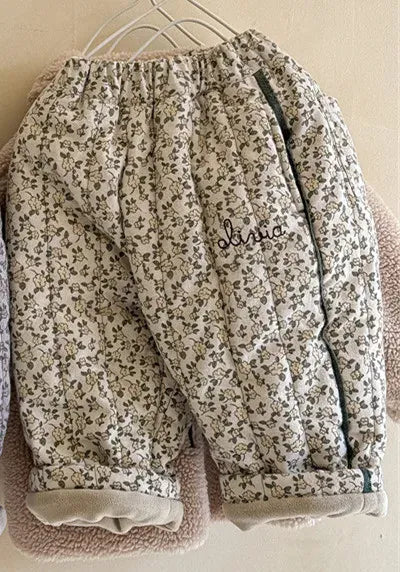 ロングパンツ・スウェットパンツ Apricot / 12M (80) キッズパンツ フラワー花柄プリント裏フリースコーデュロイ厚手ロングパンツ 暖パン【mh0007620】