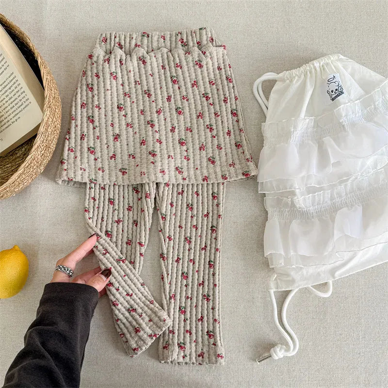 レギンスパンツ Apricot / 12M (80) キッズパンツ フラワープリントスカートドッキングリブレギンスパンツスカッツ【mh0008631】