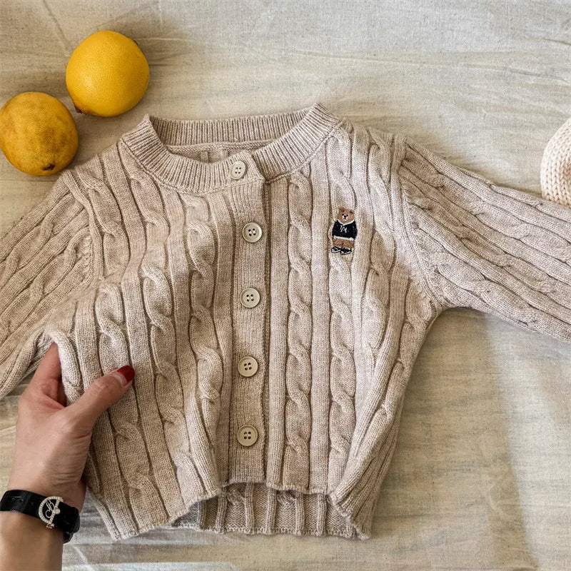 カーディガン・パーカー Apricot / 12M  80CM キッズカーディガン ニットジャケット ベアくま刺繍ワンポイント 3カラー【mh0006623】