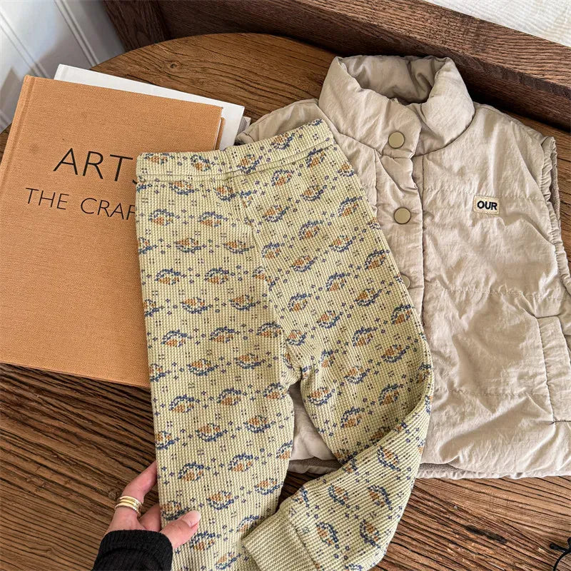 レギンスパンツ Apricot / 12M  80CM / 取り寄せ（7〜21日） キッズパンツ 幾何学トライバルプリント裏フリースレギンスパンツ【mh0008289】