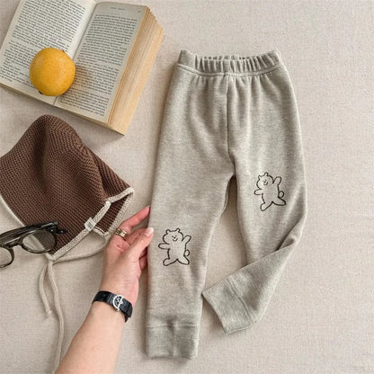 レギンスパンツ Apricot / 12M  80CM キッズパンツ ベアくま/ハートプリント裏フリースレギンスパンツ【mh0007963】