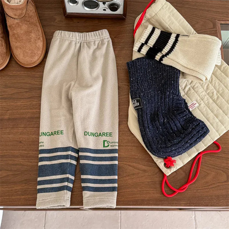 レギンスパンツ Apricot / 80cm 9-12M キッズパンツ レターロゴボーダープリント裏フリースレギンスパンツ 3カラー【mh0007546】