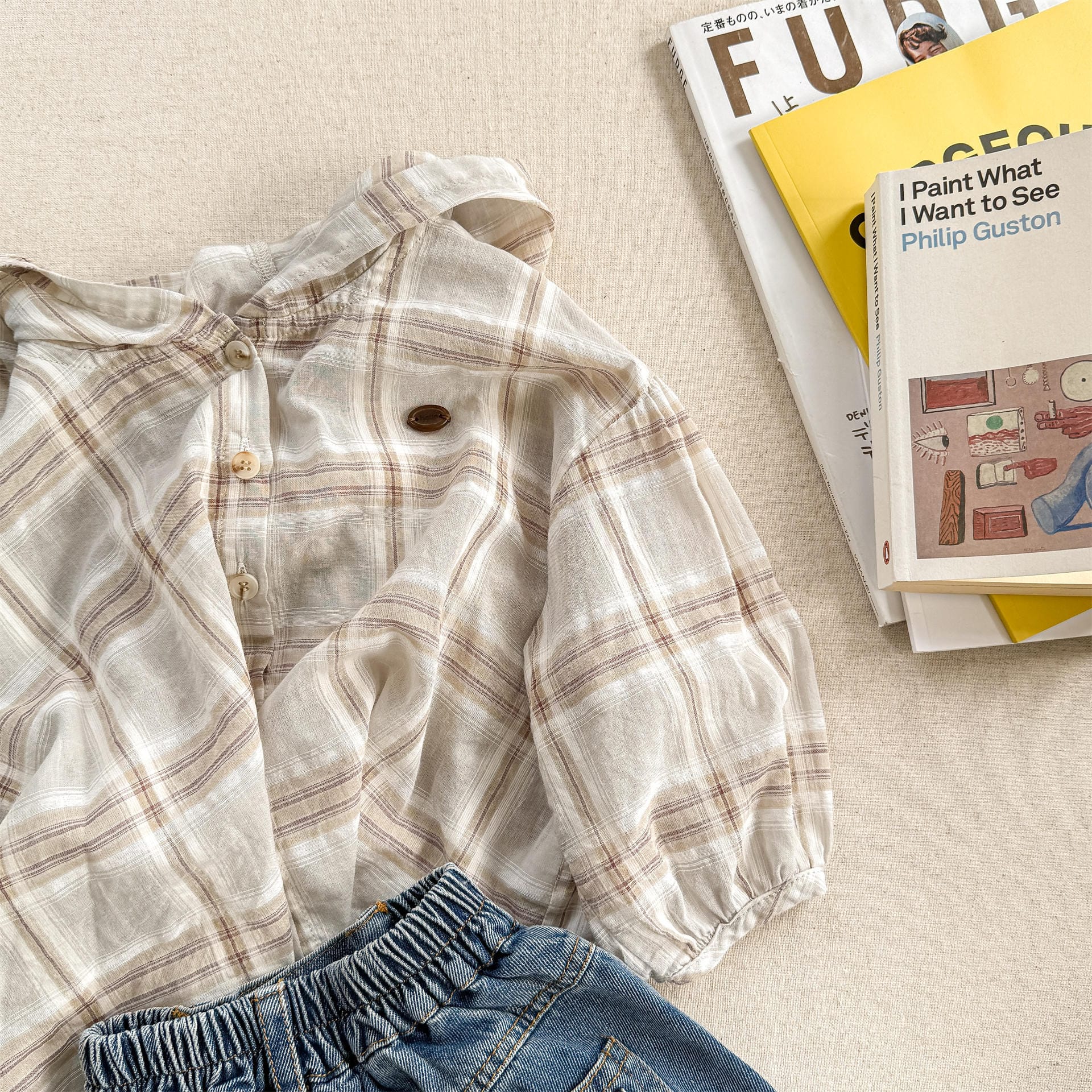 長袖シャツ・ブラウス Apricot / 80cm レトロチェックフーディ長袖サマーシャツ【mh0010134】