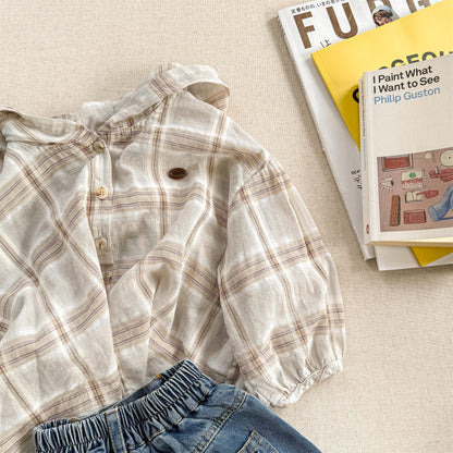 長袖シャツ・ブラウス Apricot / 80cm レトロチェックフーディ長袖サマーシャツ【mh0010134】