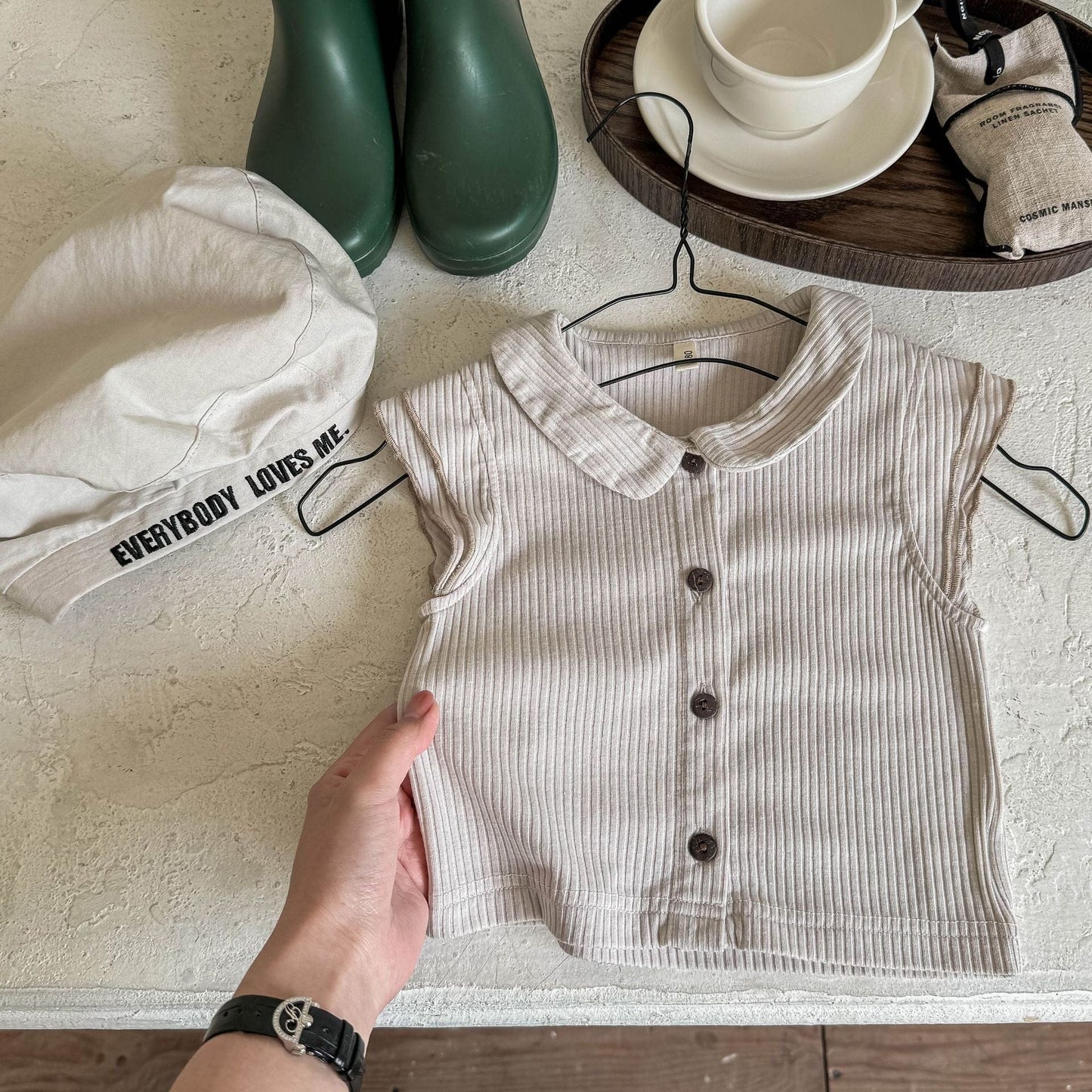 タンクトップ・キャミソール・ノースリーブトップス Apricot / 80cm 襟付きショートミニスリーブTシャツブラウス【mh0009392】