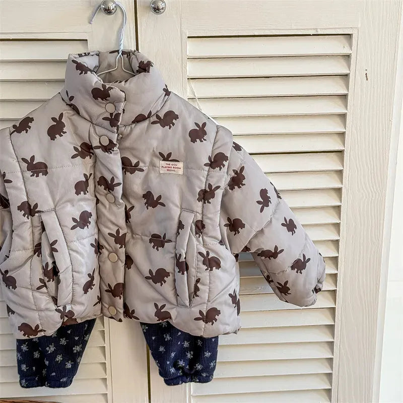 ショートコート・ジャケット・ジャンパー Apricot Gray / 12M  80CM キッズアウター うさぎバニープリント中綿ダウンジャケットコート【mh0007776】