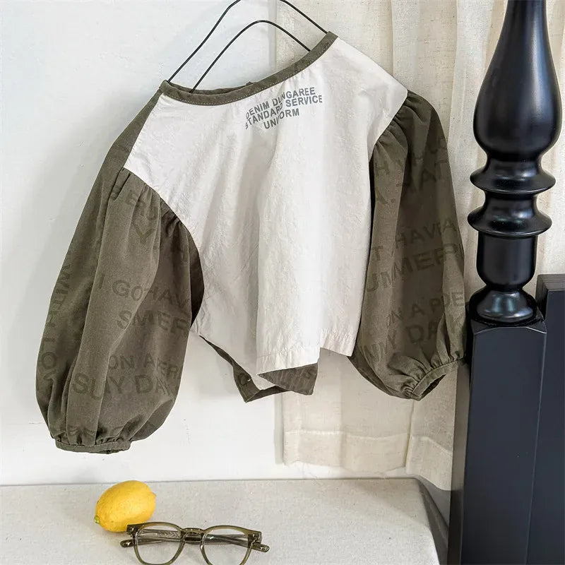 長袖シャツ・ブラウス Army Green / 12M (80) キッズトップス レターロゴプリントパッチワーク長袖バルーンスリーブシャツブラウス【mh0008655】