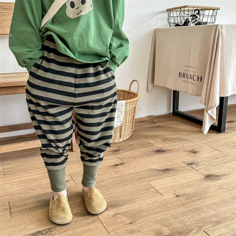ロングパンツ・スウェットパンツ Army Green / 12M  80CM キッズパンツ ボーダー スウェットパンツ ジョガーパンツ 2カラー【mh0004837】