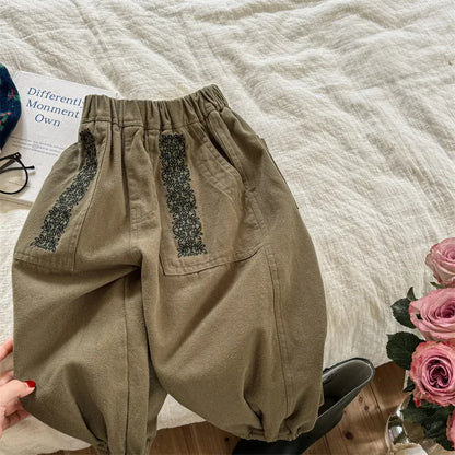 ロングパンツ・スウェットパンツ Army Green / 12M  80CM キッズパンツ レース刺繍 ルーズロングパンツ 2カラー【mh0006576】