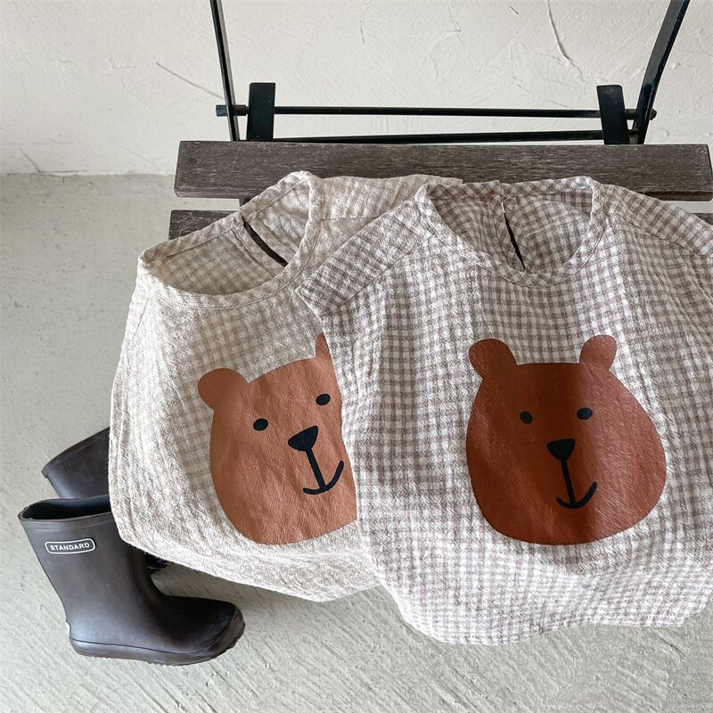 タンクトップ・キャミソール・ノースリーブトップス Bear Check French Sleeve Top くま チェック フレンチスリーブトップス【mh0012144】