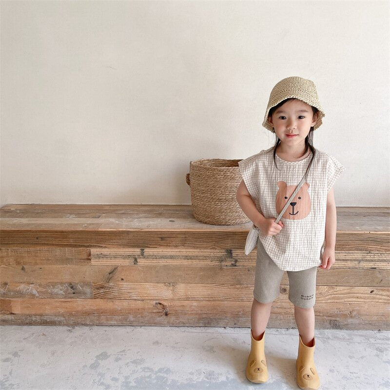 タンクトップ・キャミソール・ノースリーブトップス Bear Check French Sleeve Top くま チェック フレンチスリーブトップス【mh0012144】