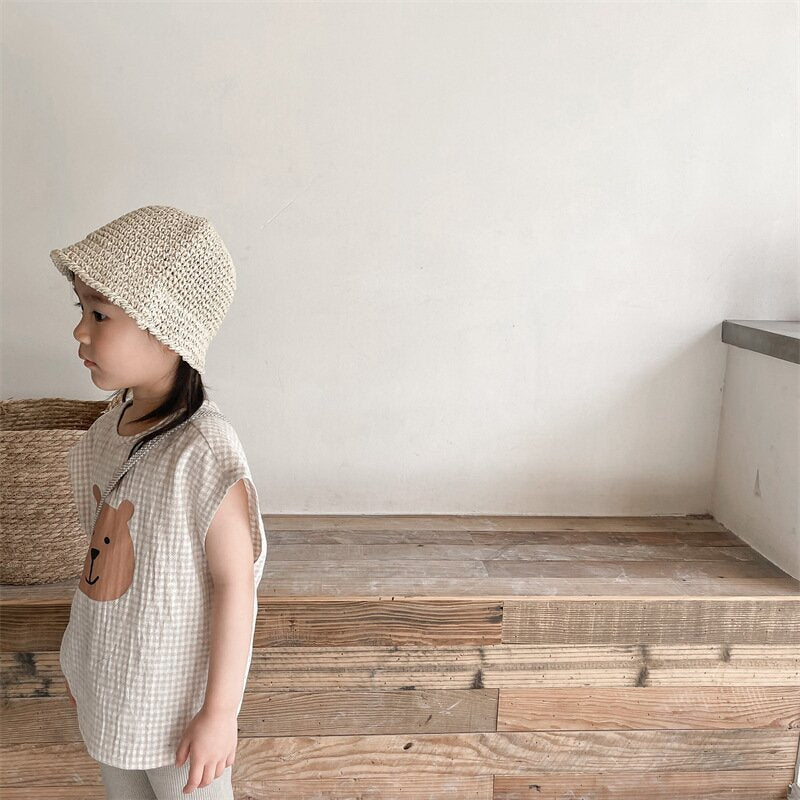 タンクトップ・キャミソール・ノースリーブトップス Bear Check French Sleeve Top くま チェック フレンチスリーブトップス【mh0012144】