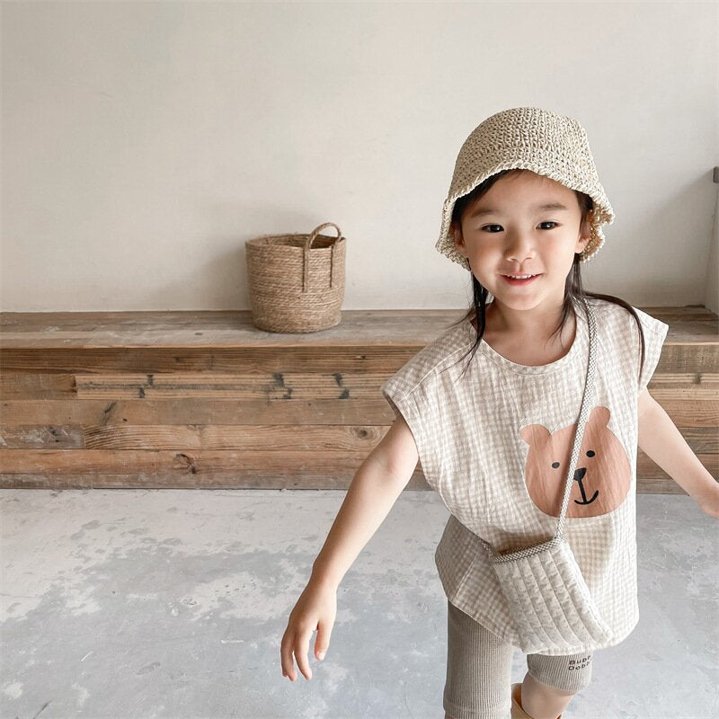 タンクトップ・キャミソール・ノースリーブトップス Bear Check French Sleeve Top くま チェック フレンチスリーブトップス【mh0012144】