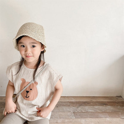 タンクトップ・キャミソール・ノースリーブトップス Bear Check French Sleeve Top くま チェック フレンチスリーブトップス【mh0012144】