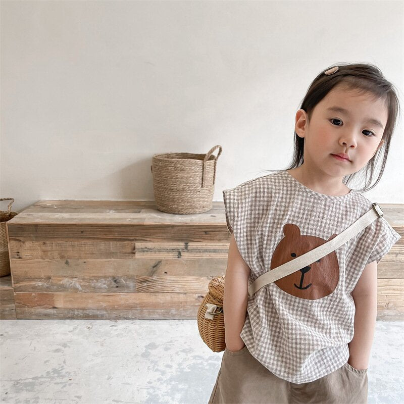 タンクトップ・キャミソール・ノースリーブトップス Bear Check French Sleeve Top くま チェック フレンチスリーブトップス【mh0012144】