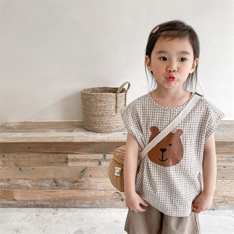 タンクトップ・キャミソール・ノースリーブトップス Bear Check French Sleeve Top くま チェック フレンチスリーブトップス【mh0012144】