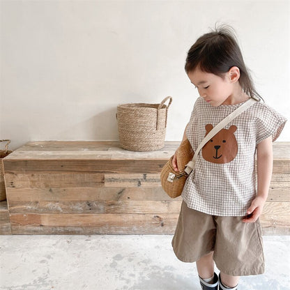 タンクトップ・キャミソール・ノースリーブトップス Bear Check French Sleeve Top くま チェック フレンチスリーブトップス【mh0012144】