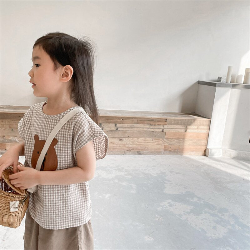 タンクトップ・キャミソール・ノースリーブトップス Bear Check French Sleeve Top くま チェック フレンチスリーブトップス【mh0012144】