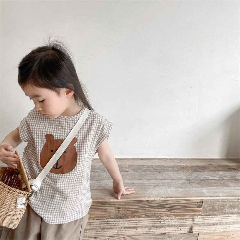 タンクトップ・キャミソール・ノースリーブトップス Bear Check French Sleeve Top くま チェック フレンチスリーブトップス【mh0012144】