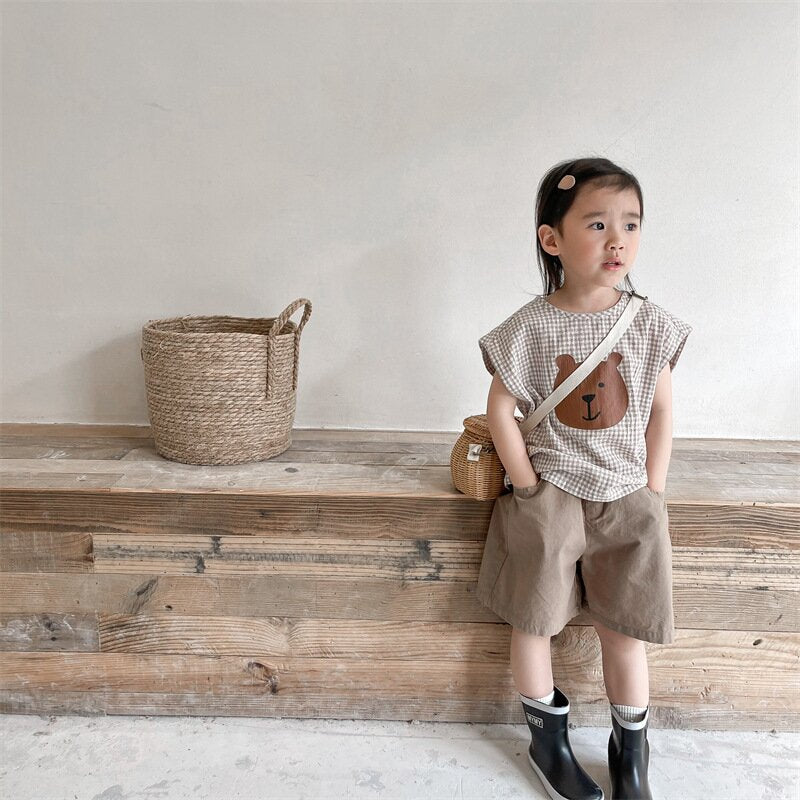 タンクトップ・キャミソール・ノースリーブトップス Bear Check French Sleeve Top くま チェック フレンチスリーブトップス【mh0012144】