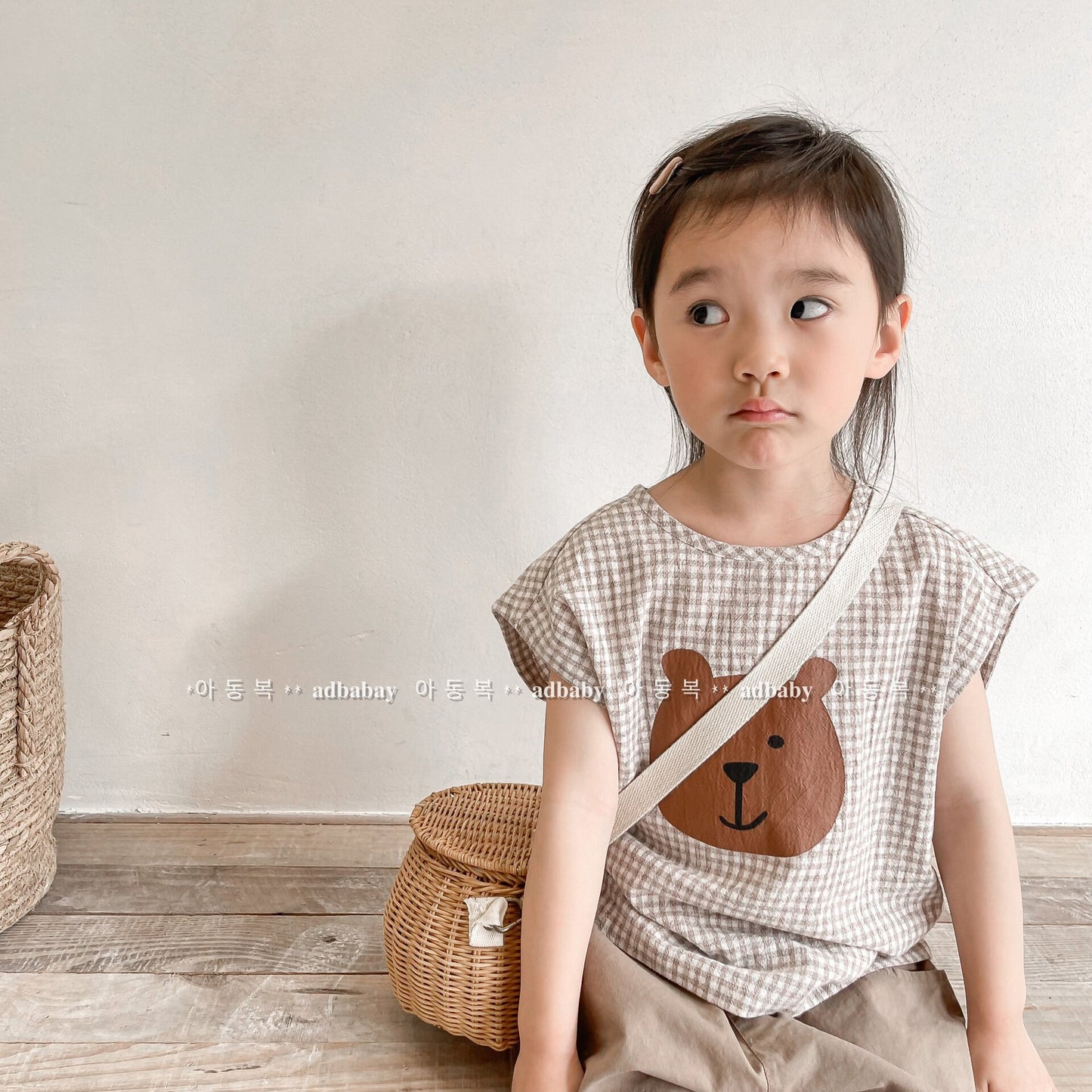 タンクトップ・キャミソール・ノースリーブトップス Bear Check French Sleeve Top くま チェック フレンチスリーブトップス【mh0012144】