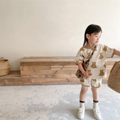 半袖セットアップ Bear Print T-Shirt & Shorts Set くまプリント Tシャツ ショートパンツセット【mh0012146】