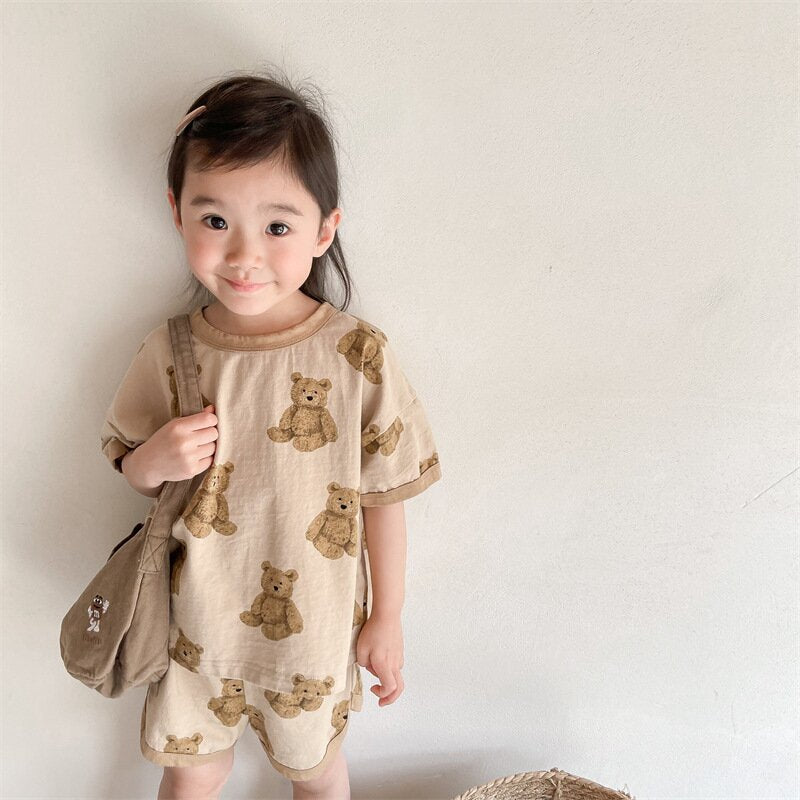 半袖セットアップ Bear Print T-Shirt & Shorts Set くまプリント Tシャツ ショートパンツセット【mh0012146】