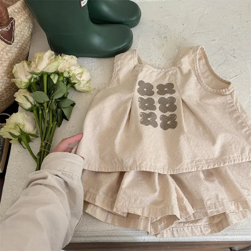 ノースリーブセットアップ Beige / 12M (80) キッズセットアップ 2点セット ノースリーブトップス+フレアショートパンツ レトロフラワープリント 2カラー【mh0005814】