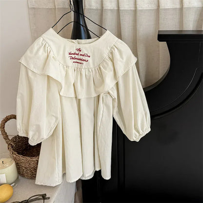 長袖ワンピース beige / 12M (80) キッズワンピース ストライプ/無地レターロゴ刺繍フリル長袖ワンピース【mh-0008626】