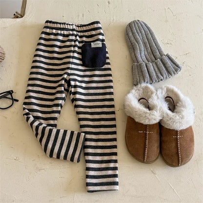 レギンスパンツ Beige / 12M (80) キッズパンツ ボーダー裏フリース厚手レギンスパンツ【mh0007619】