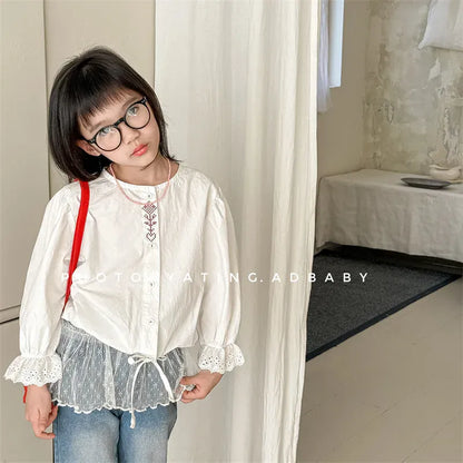 長袖シャツ・ブラウス Beige / 12M (80) キッズトップス 刺繍ステッチワンポイントチェック/無地長袖パフスリーブブラウス【mh0008648】