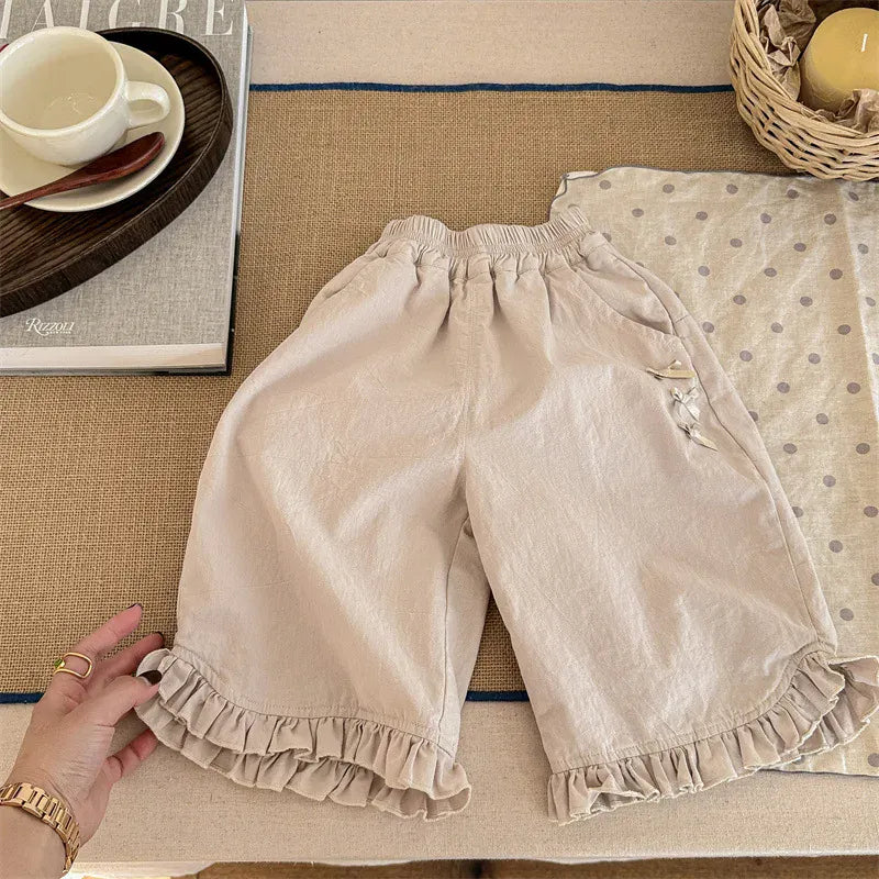 ロングパンツ・スウェットパンツ Beige / 12M  80CM キッズパンツ 裾フリルワイドルーズクロップドパンツ 2カラー【mh0006851】