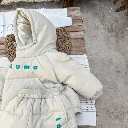 長袖セットアップ Beige / 12M  80CM キッズセットアップ 2点セット ダウンフーディプルオーバー+防寒ロングパンツ【mh0008320】