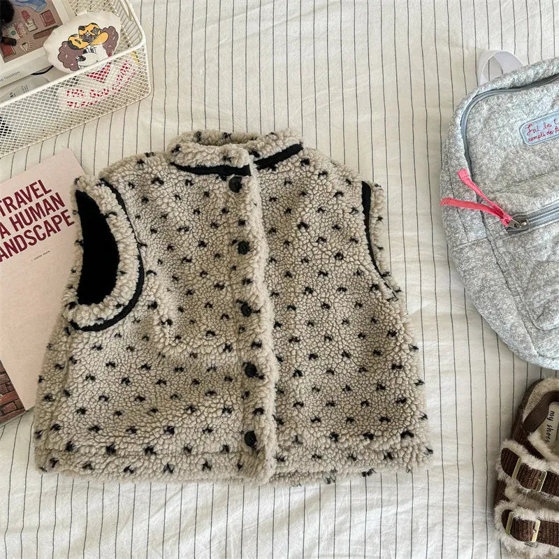 ベスト Beige / 12M  80CM キッズベスト ハート柄ボアフリース前あきベスト【mh0008439】