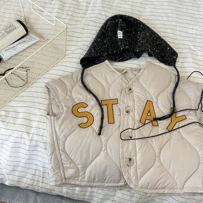 ベスト Beige / 12M  80CM キッズベスト レターロゴ刺繍キルティングビッグシルエットベスト【mh0008457】