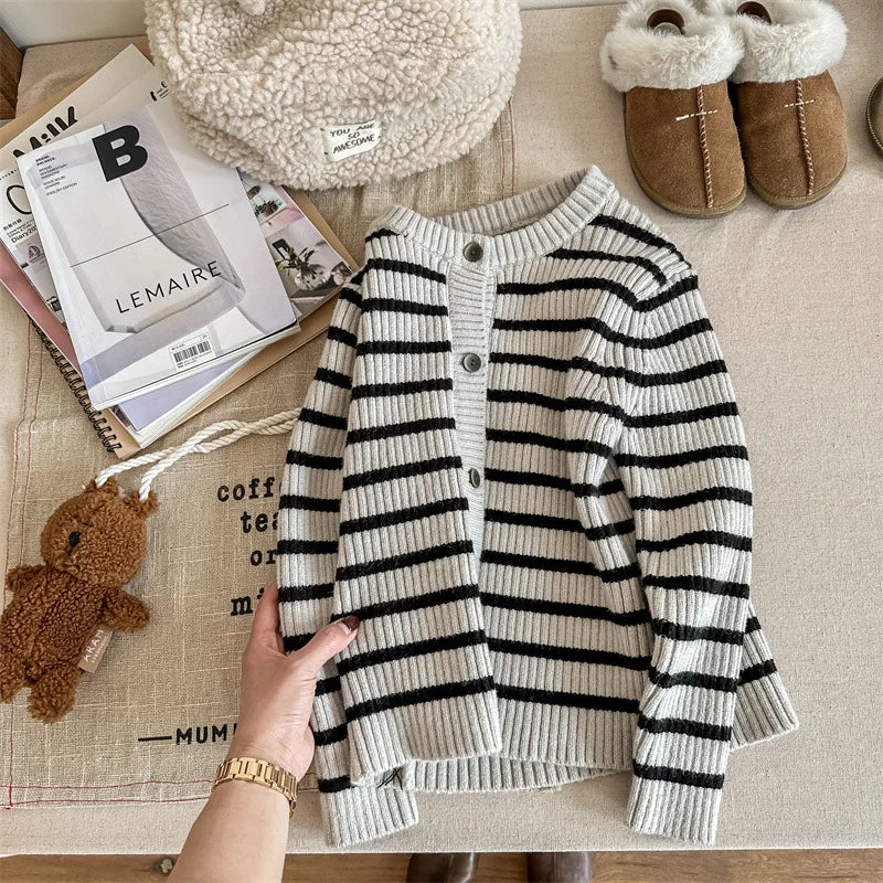 カーディガン・パーカー Beige / 80cm キッズカーディガン ボーダーニットジャケット 2カラー ユニセックス 男の子 女の子 子供服【mh0003308】