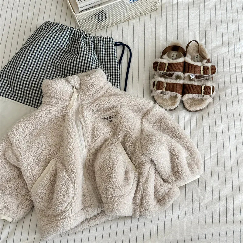 ショートコート・ジャケット・ジャンパー Beige / 80cm 9-12M キッズアウター ボアフリースジップアップスタンドカラーブルゾンジャケット スモーキー4カラー【mh0007578】