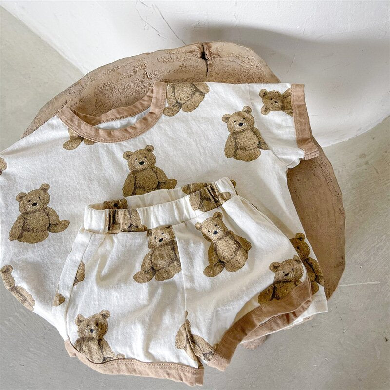 半袖セットアップ Beige / 80cm Bear Print T-Shirt & Shorts Set くまプリント Tシャツ ショートパンツセット【mh0012146】