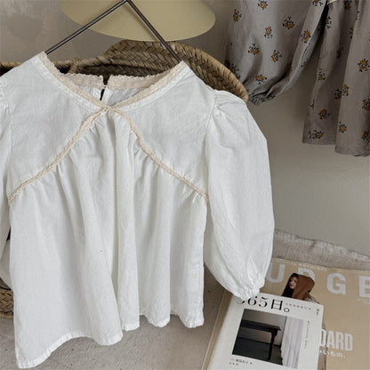 長袖シャツ・ブラウス Beige / 80cm キッズトップス レースフリルフラワープリント/無地長袖パフスリーブブラウス【mh-0008974】
