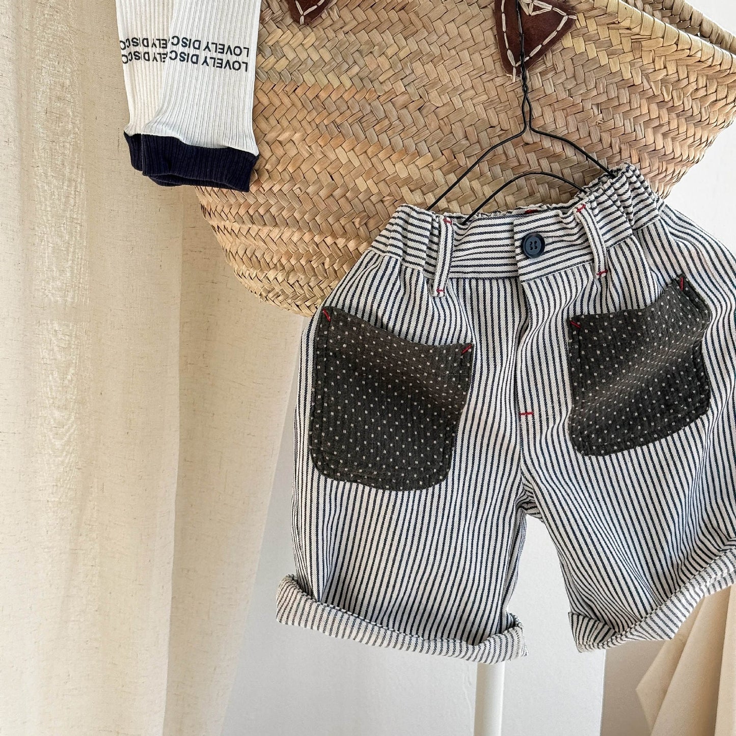 ハーフパンツ・ショートパンツ Beige / 80cm ストライプパッチワークショートパンツ【mh0009549】