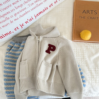 カーディガン・パーカー Beige / 80cm ワッペン付きジップアップニットカーディガンセーター【mh0010903】