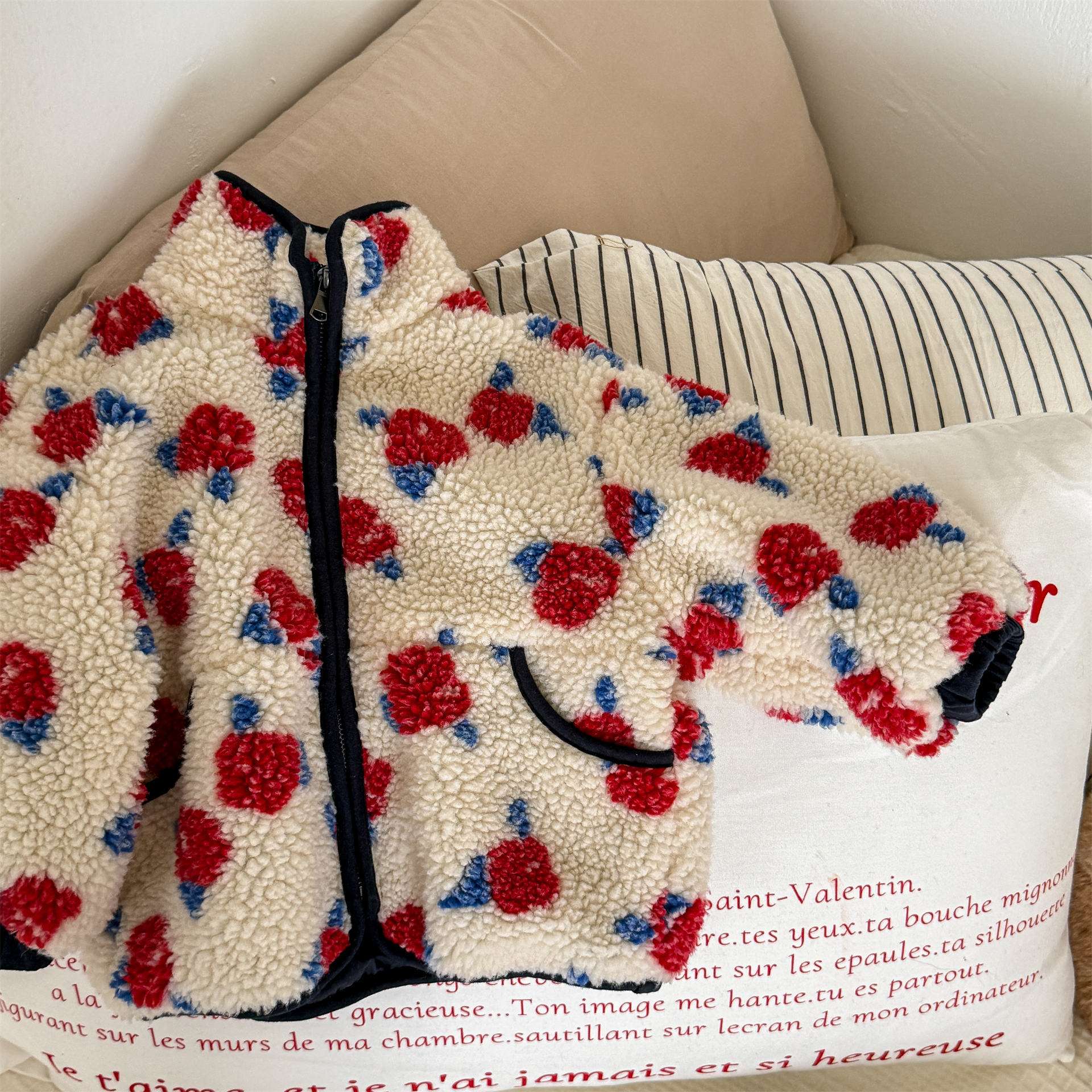 ショートコート・ジャケット・ジャンパー Beige / 80cm シープボアコート 花柄 フリースジャケット もこもこアウター 厚手防寒【mh0011436】