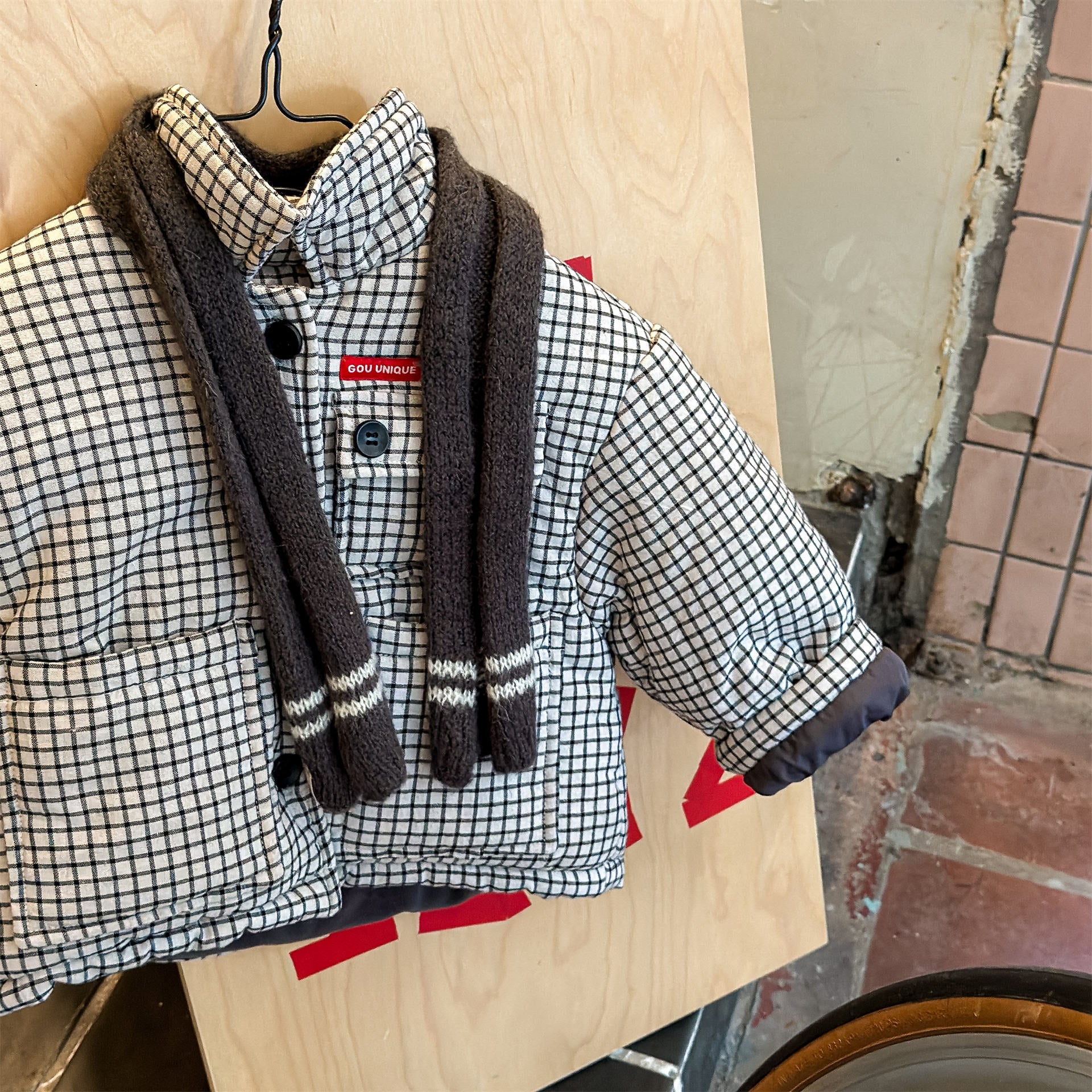 ショートコート・ジャケット・ジャンパー Beige / 80cm チェック柄ジャケット コート 中綿入り アウター【mh0011901】