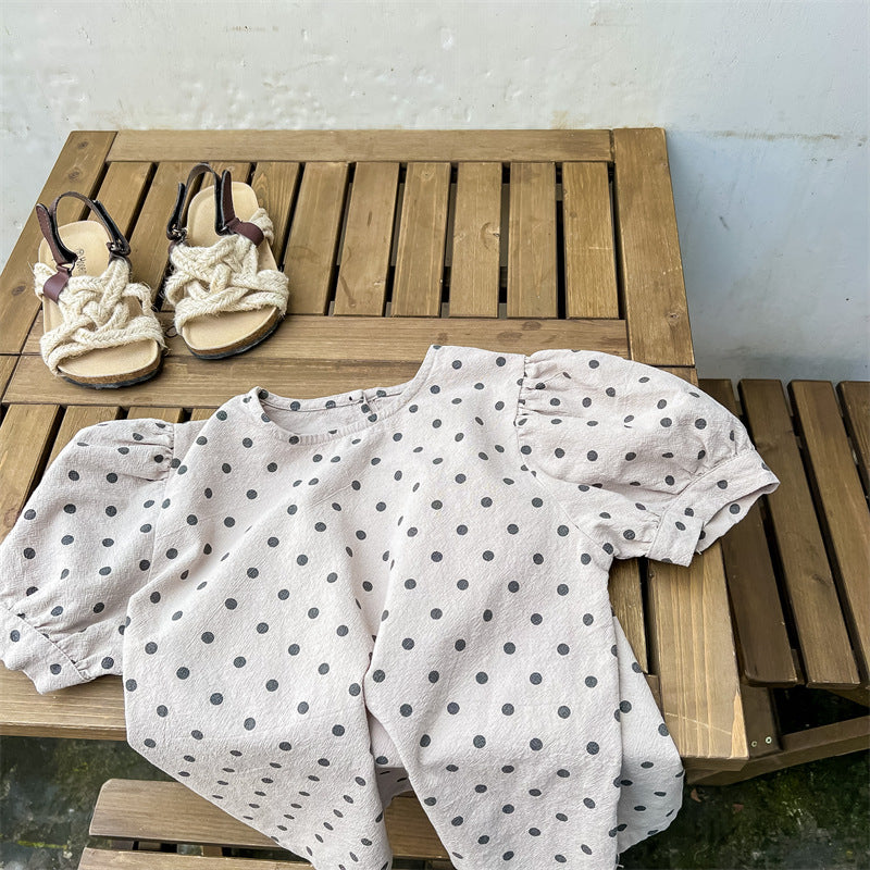 半袖シャツ・ブラウス Beige / 80cm Polka Dot Linen Puff Sleeve Shirt みずたま パフスリーブ ブラウス【mh0011994】