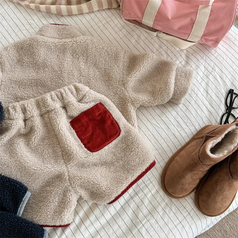 長袖セットアップ Beige Apricot / 12M  80CM キッズセットアップ 2点セット スタンドカラーボアフリーススウェットシャツ+ショートパンツ【mh0007766】