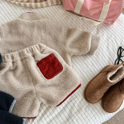 長袖セットアップ Beige Apricot / 12M  80CM キッズセットアップ 2点セット スタンドカラーボアフリーススウェットシャツ+ショートパンツ【mh0007766】