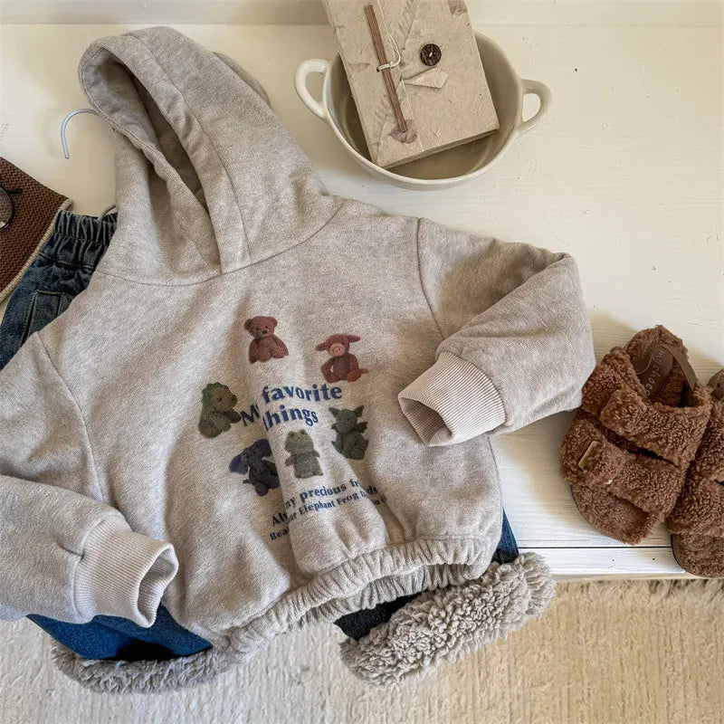 トレーナー・フーディ Beige Apricot / 12M  80CM キッズトップス 裏ボアフリースアニマルプリントフーディ長袖スウェットパーカー【mh0008298】