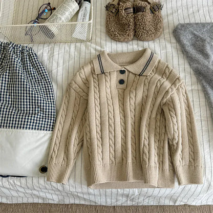 ニット・セーター Beige Apricot / 12M  80CM キッズトップス アランニットケーブル編み長袖ポロセーター【mh0008437】