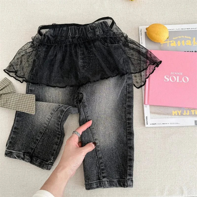 デニムパンツ Black / 12M (80) キッズパンツ レースエプロン+ルーズロングデニムパンツセット【mh0008661】