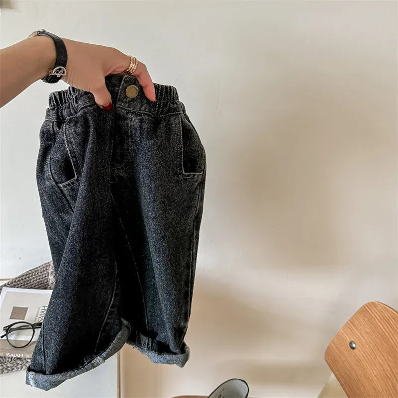 デニムパンツ Black / 12M  80CM キッズパンツ バックポケットタグロングルーズデニムパンツ シンプルベーシックジーンズ 2カラー【mh0006842】